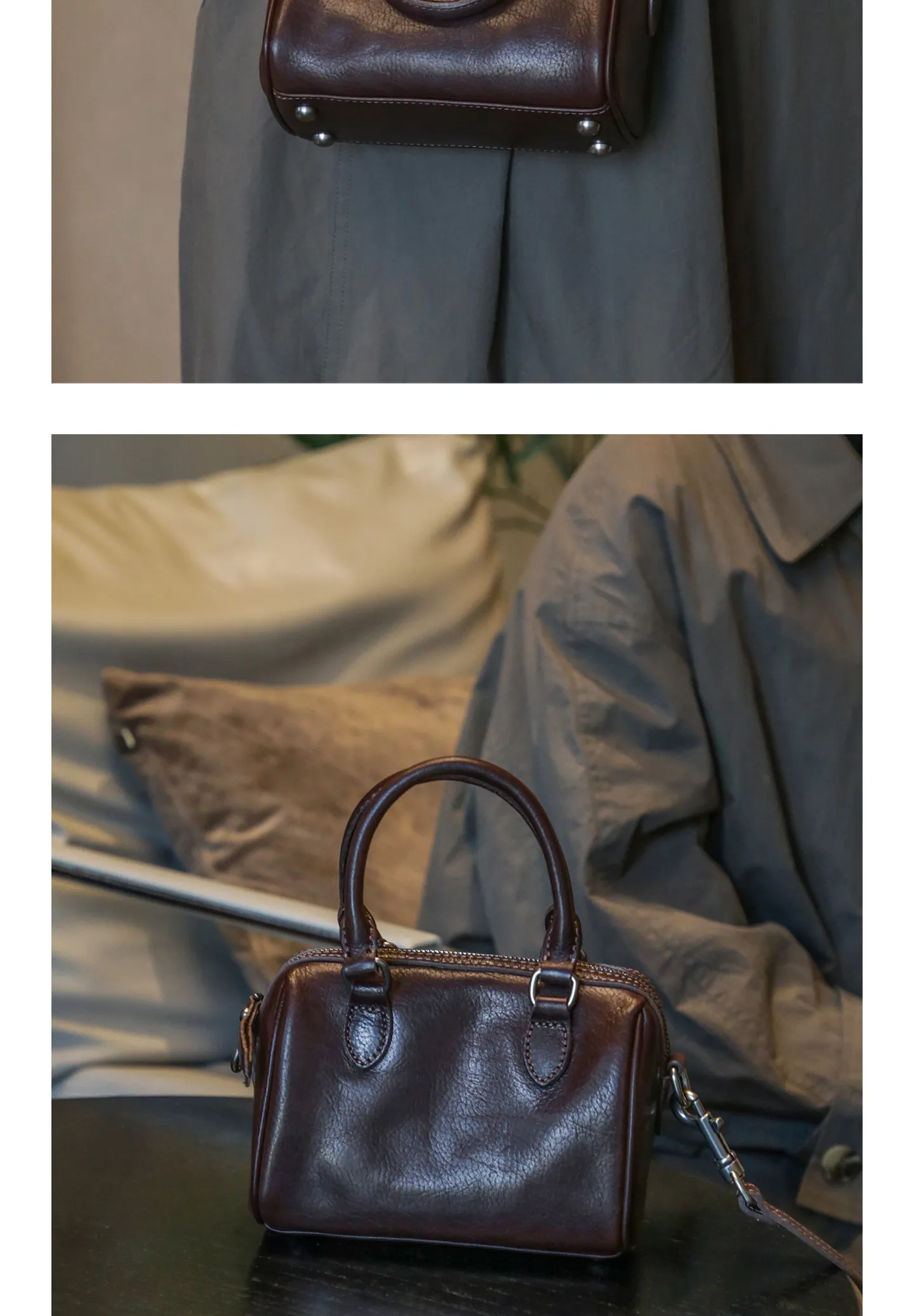 PNDME schlichte Vintage-Handtasche aus hochwertigem Rindsleder für Damen, lässige Party-Luxus-Umhängetasche aus echtem Leder. – Detail 6