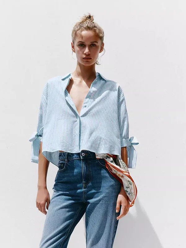 Faionable Linen irt para mujer con nudo diseño a rayas nueva llegada temporada de otoño ort prendas de vestir exteriores Ne