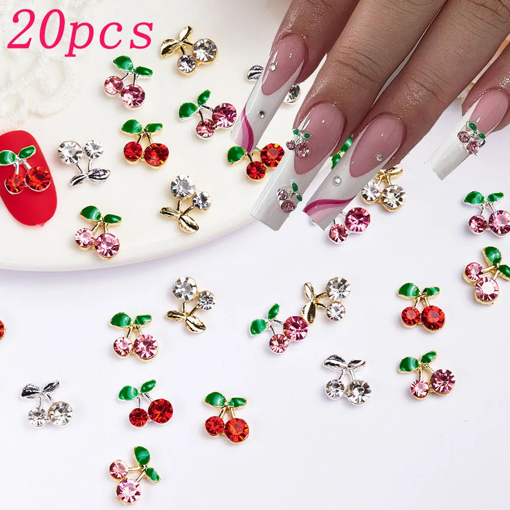 20 pçs rosa vermelho cereja aolly encantos do prego flatback strass cereja arte do prego jóias cristal diamante gemas cereja decoração do prego