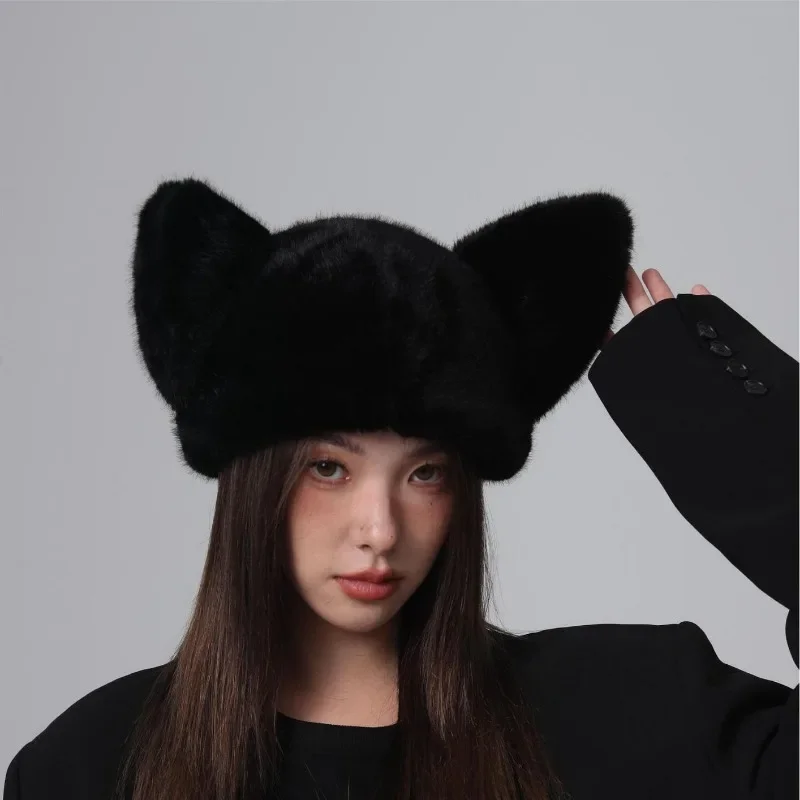 New Cat Ears Pullover Hat Women Autumn Winter Warm Cartoon Sweet Imitation Mink Melon Fur Bonnet Personalized Simple Beanie Hats