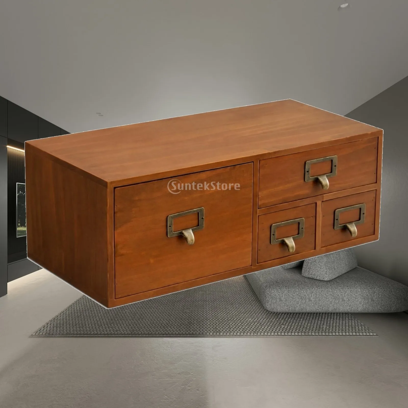 Two-Level Drawer Cabinet with Metal-Holder-Holder Handles Compact Solid Softwood Wood Desktop Cabinet Portable Rectangular