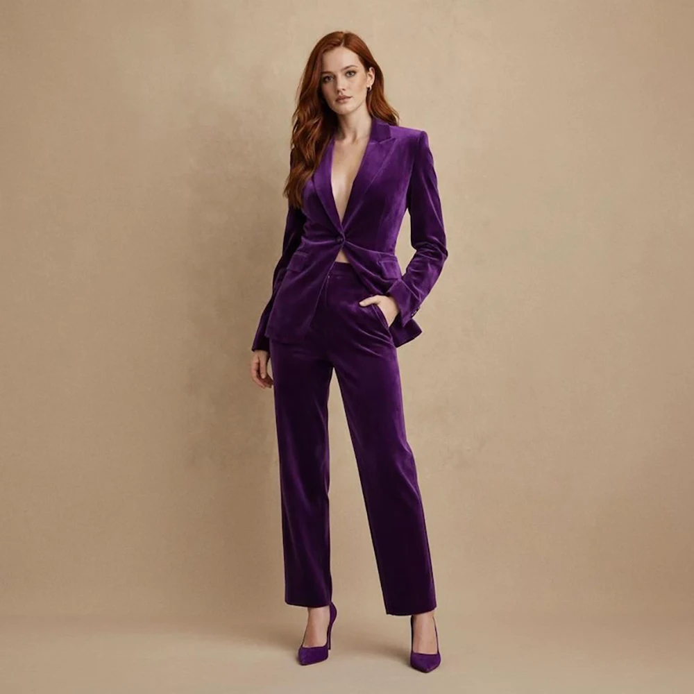 Bespoke Velvet Women's Suits Elegant Slim Fit 2 Piece Jacket Pants Office Lady Fashion One-Button Peak Lapel Female Clothing