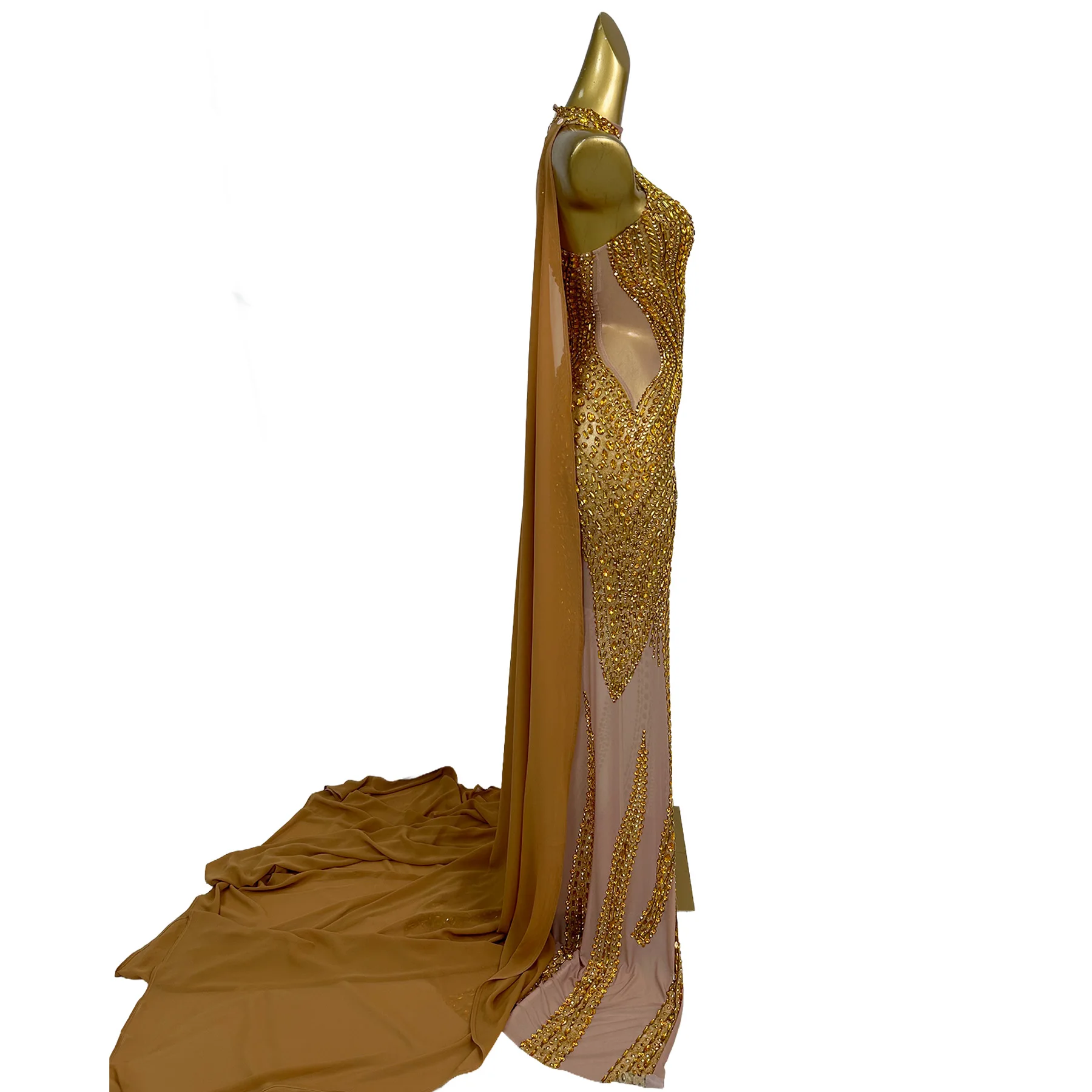 

Luxury Sheer Mesh Mermaid Maxi Dresses Sparkly Gold Rhinestone Crystal Cape Formal Evening Gown Stage Performance Wear Jinchan