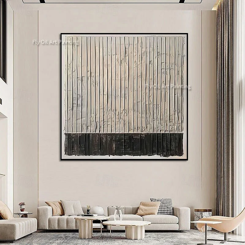High‑Relief Vertical Line Decor, Original Impasto Hand‑Painted Artwork, Contrast Black‑Beige Minimalist Interior Canvas