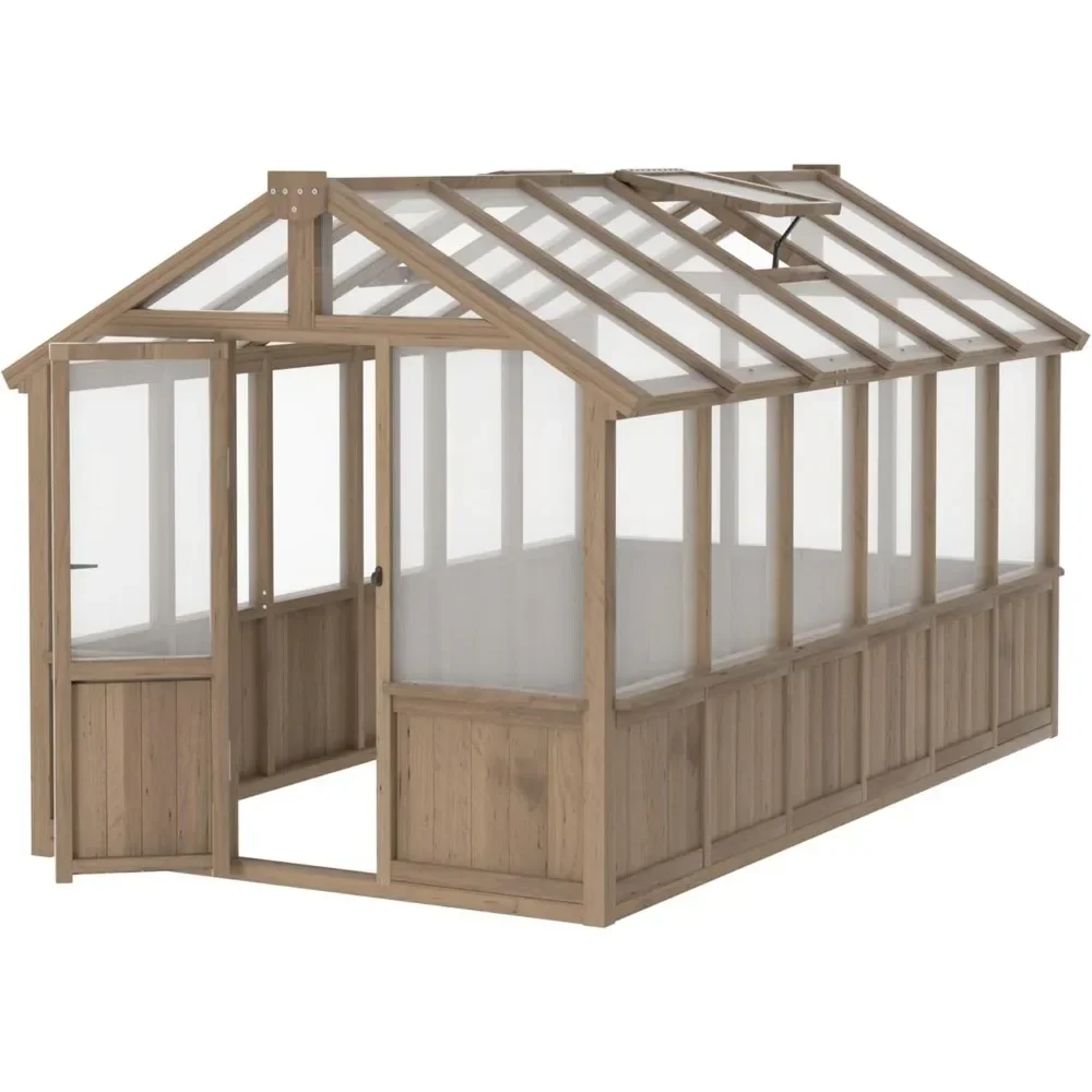 6 x 12 FT Wooden Polycarbonate Greenhouse with Ventilated Window and Lockable Door, Walk-in Greenhouse for Backyard, Patio