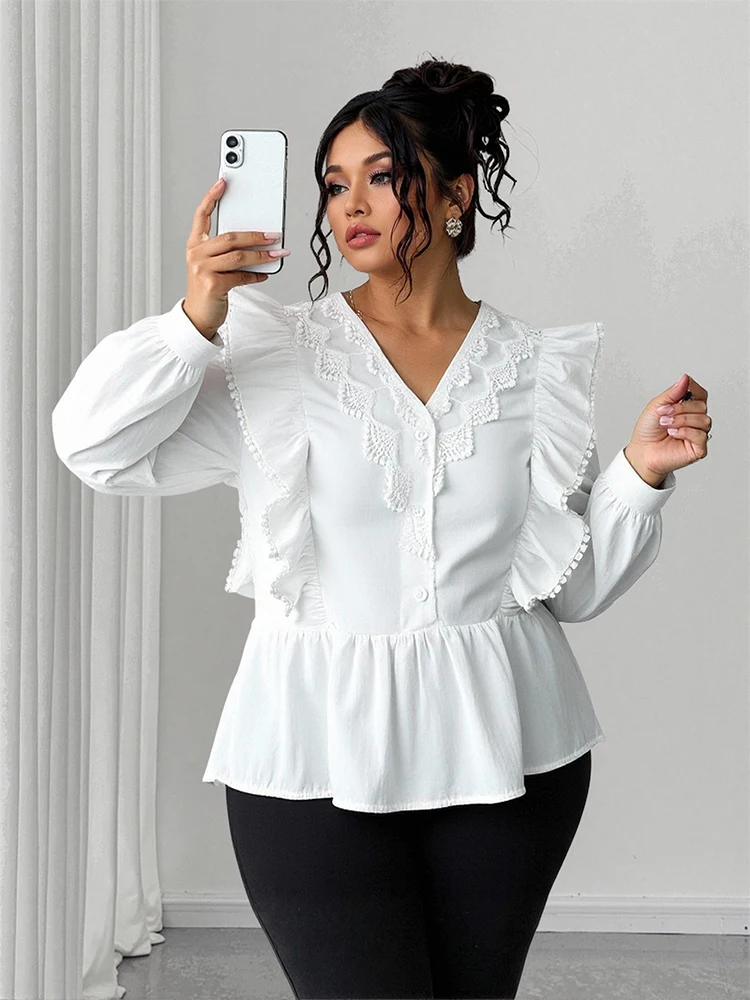 حجم كبير عادية بلون الدانتيل المرقعة تكدرت كم طويل أعلى 2025 الخريف وصول جديد الموضة اليومية