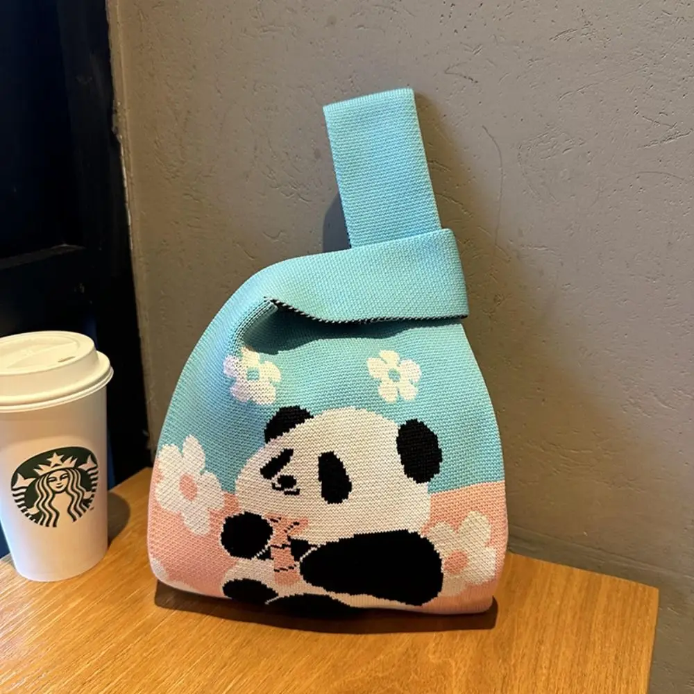 Cute Cartoon Panda Knit Handbag Women Knot Wrist Bag Casual Color Wide Tote Bag Student Shopping Bag For Women