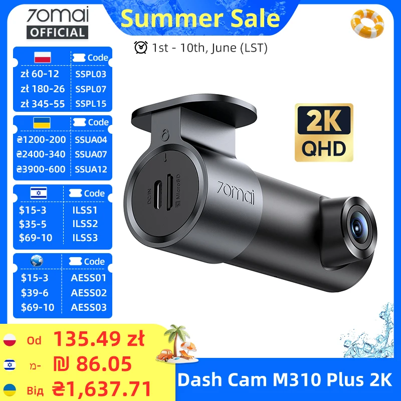 70mai Dash Cam M310 Plus 2K English Voice Control 1440P WDR Night Vision 24H Parking Surveillance 70mai M310 2K Car DVR Wi-Fi 6