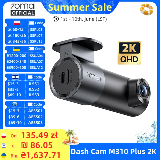 【108zł-18zł: ASPL05】Kamera samochodowa 70mai Dash Cam M310 Plus 2K z angielskim sterowaniem głosowym, rozdzielczość 1440P, WDR, noktowizja, monitoring parkowania 24H, 70mai M310 2K Car DVR Wi-Fi 6