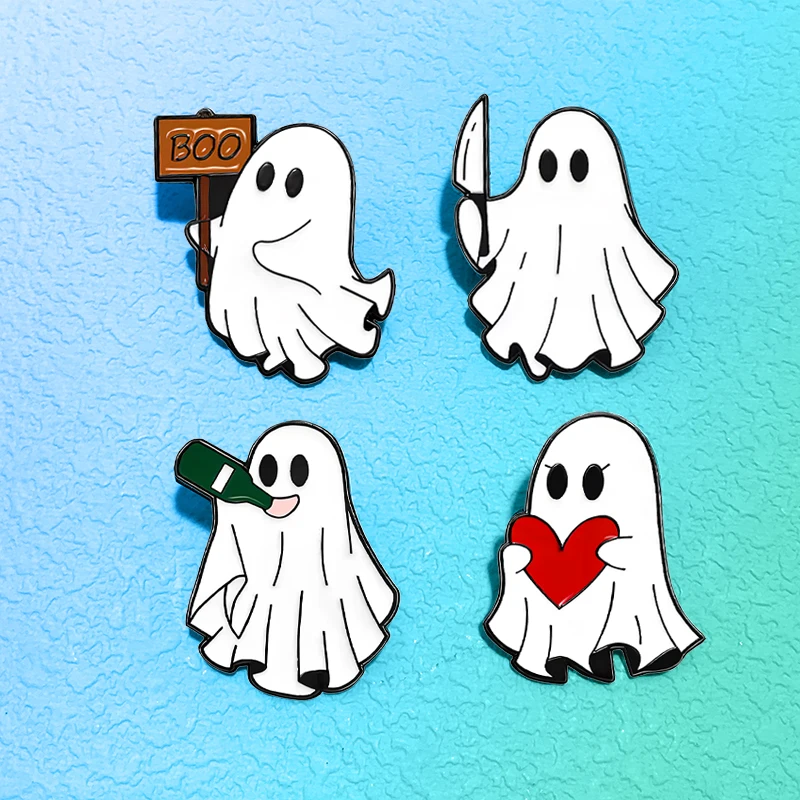 Cute Ghost Pins 4-design Metal Enamel Funny Halloween Spirit Cartoon Brooch For Backpack Clothes Lapel Badge Metal Pin Gifts
