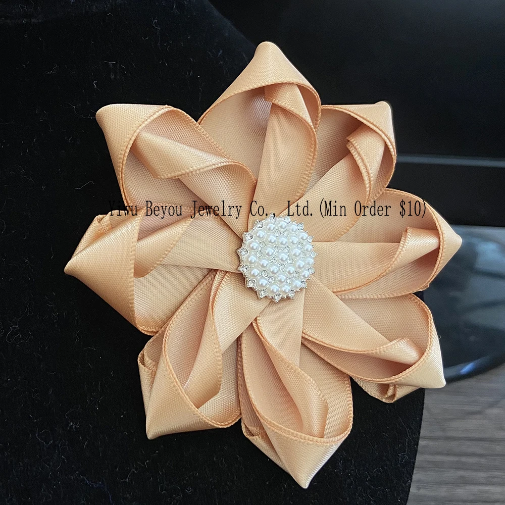 (25pcs wholesale items)4*4 inches yellow Ribbon Flower Pin Corsage pearl PHILO Brooch