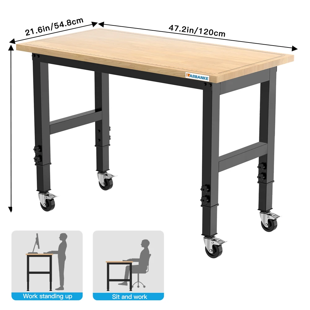 Meja kerja dapat disesuaikan 48 "dengan roda, meja kerja kayu karet pekerjaan berat dengan stop kontak daya & timbangan presisi