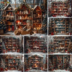 Christmas Bookshelf Photography Background Santa Wooden House Xmas Tree Candle Backdrop Kids Birthday Cake Smash Photo Studio