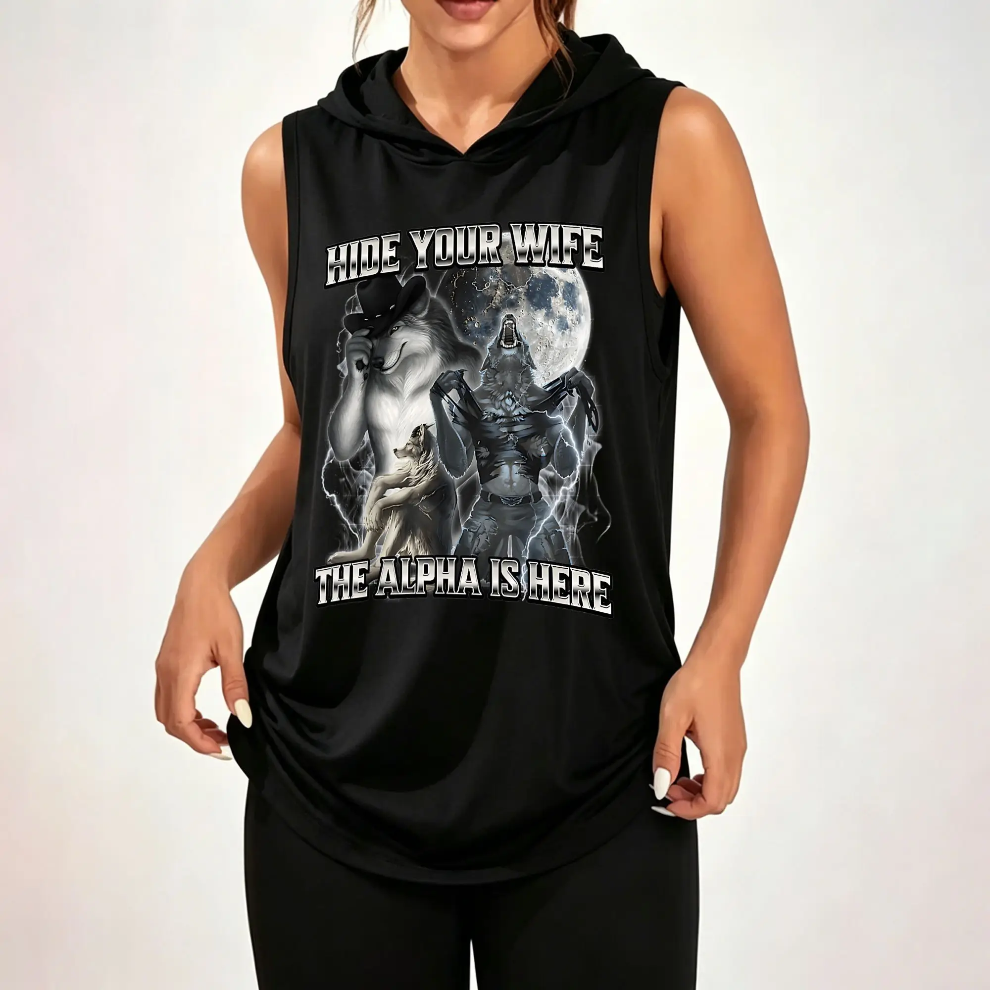 Women's Sleeveless Hoodie, Hide Your Wife The Alpha Is Here Cowboy Wolf Moon Lightning Gothic Graphic Print Casual Hooded Tank Top