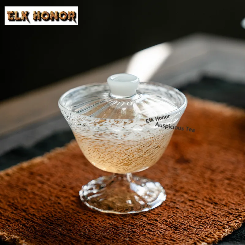 

80ml Ice Glass High Footed Gaiwan Creative Tea Tureen Tea Bowl With Lid Kit Tea Maker Cover Bowl Tea Services Ornaments Crafts