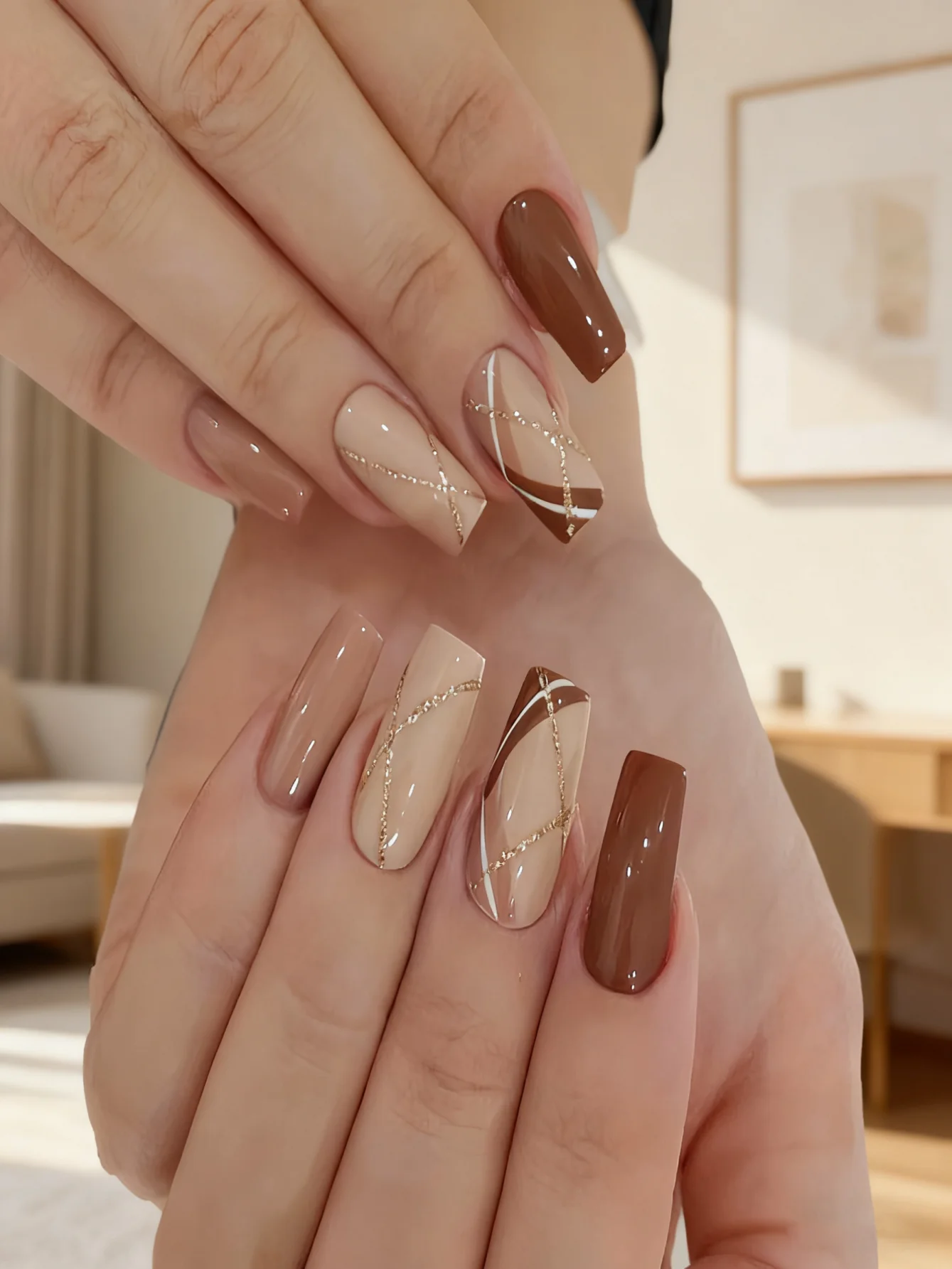 96Pcs Solid Color Wine Red,Brown Gold Line,Glitter & Leopard Floral  Press on Simple Detachable Finished Full Cover Nail Tips