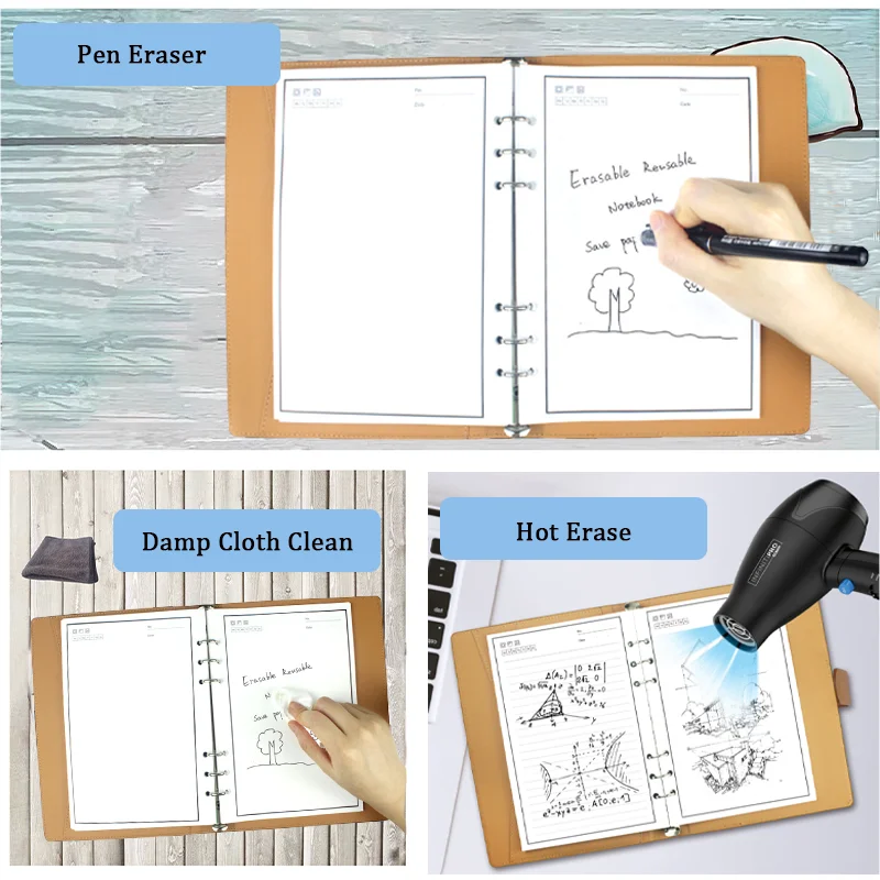Imagem -05 - Caderno de Couro Reutilizável Inteligente a5 50 Folhas Apagável Folha Solta Bloco de Notas Caderno de Desenho para Estudantes com Caneta Material de Escritório Escolar