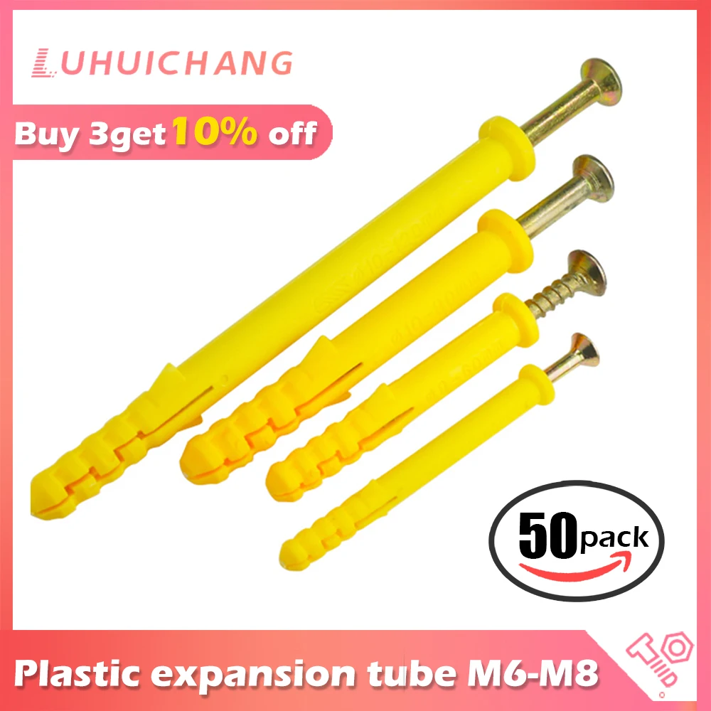 

LUHUICHANG 50Pcs M6 M8 Plastic Expansion Tube Pipe Wall Anchors Plugs Expansion With Phillips Head Screw Kit