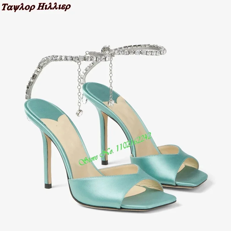 2024 Spring Square Toe Open Toe Light Blue High Heels Rhinestone Sleeve Chain Sandals Fashion Catwalk Luxury Brand Women\'S Shoes