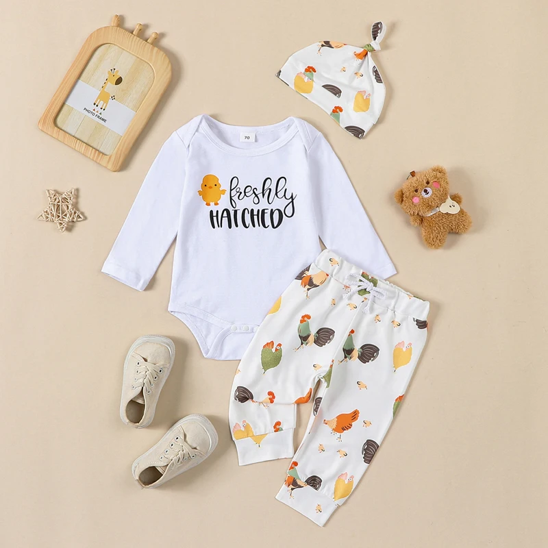 

Infant Baby Boy Farm Letter Romper and Long Pants Newborn Coming Home Outfit Cute Clothes Sets with Hat