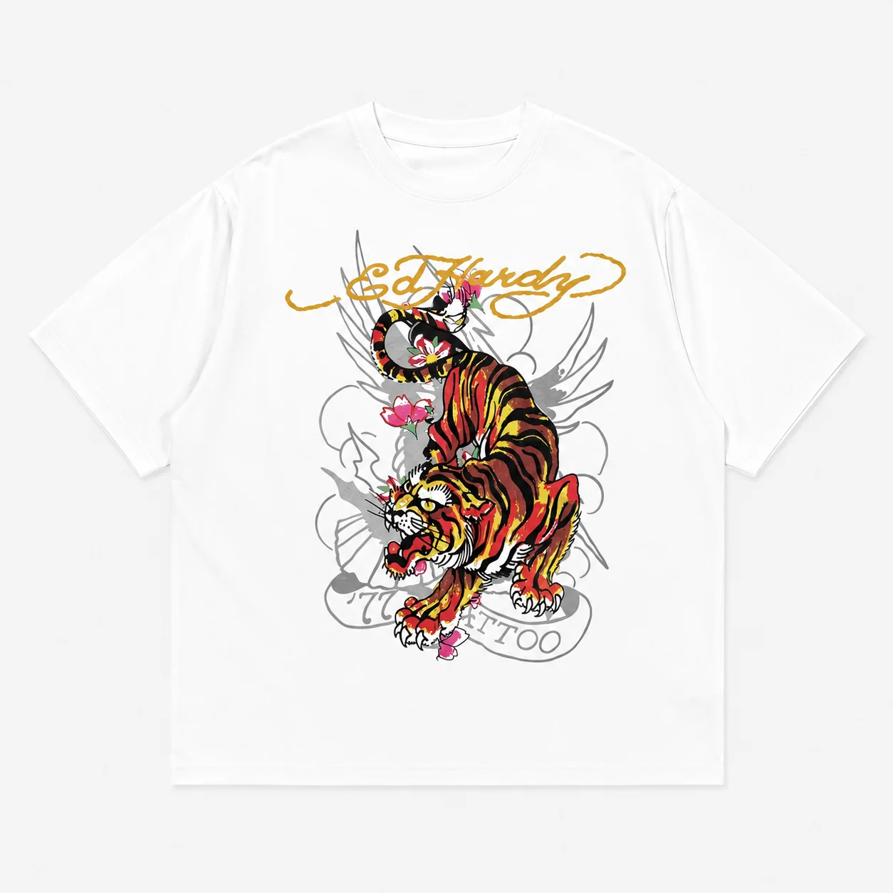 Ed Hardy Crouching Tiger Flower Wing Tattoo Print T Shirt Unisex Loose Oversized Harajuku Streetwear Cotton Summer Graphic Tee