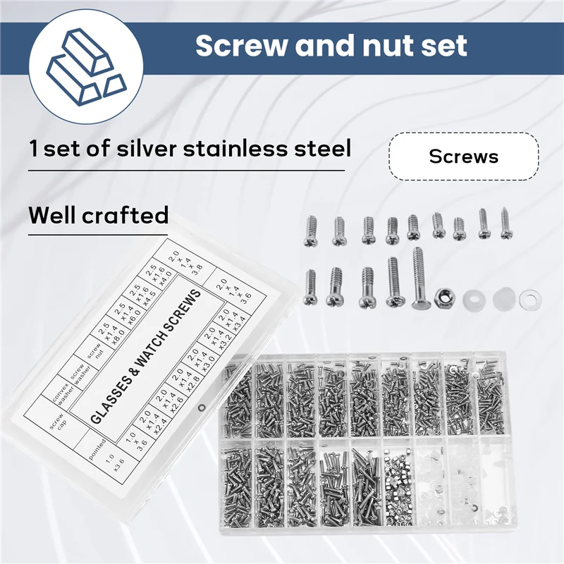 Bom-1000 peças de parafusos de óculos, variedade de porcas + 1 chave de fenda + 1 pinça, kit de reparo de óculos, parafusos para óculos ópticos