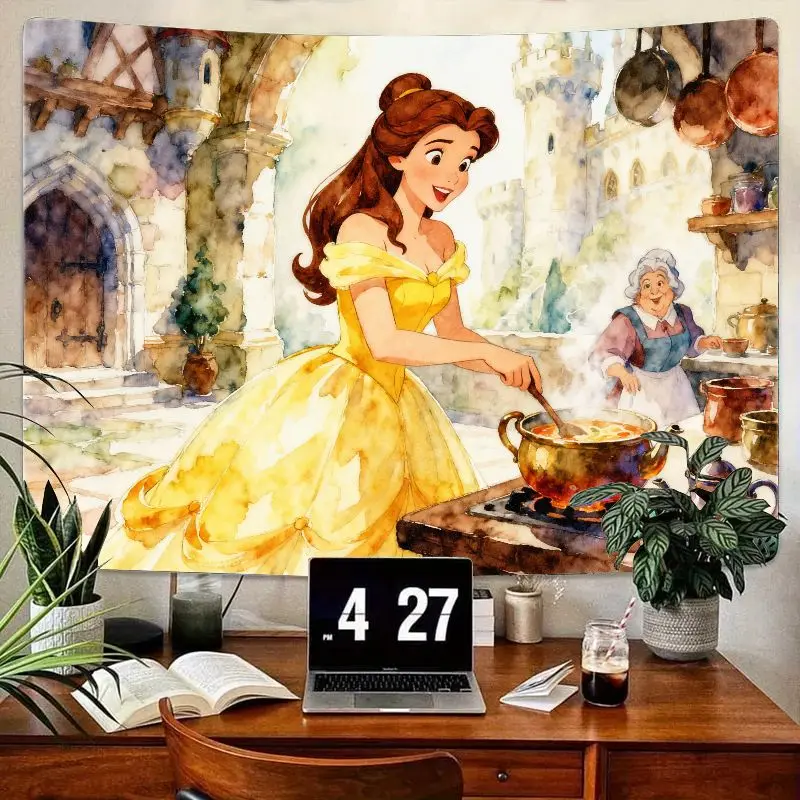 

1PC Disney Belle Princess Tapestry, Yellow Gown Cooking Watercolor Castle Kitchen Wall Art, Modern Polyester Home Decor Gift for