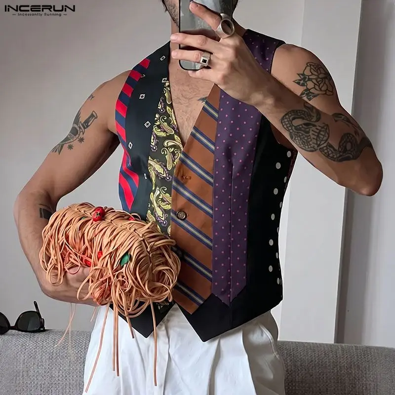 INCERUN Men's Vests Tie Printing V Neck Sleeveless Vintage Casual Male Waistcoats Streetwear Fashion Men Clothes Vests For Man