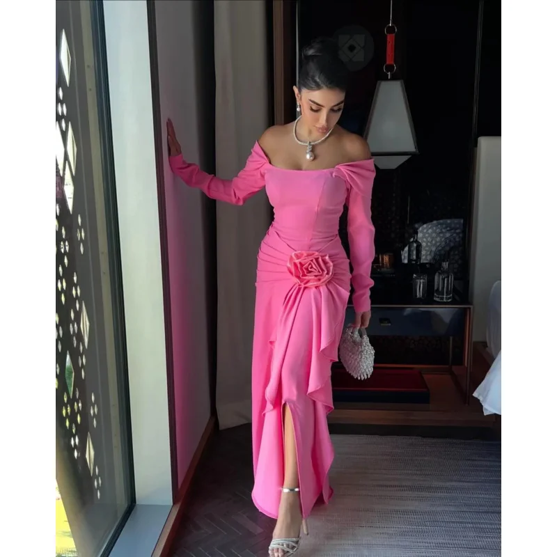 Indie Off-the-shoulder Hot Pink Evening Gowns Long Sleeve Floral Party Prom Dress Ankle Length customized Formal Occasion Gown