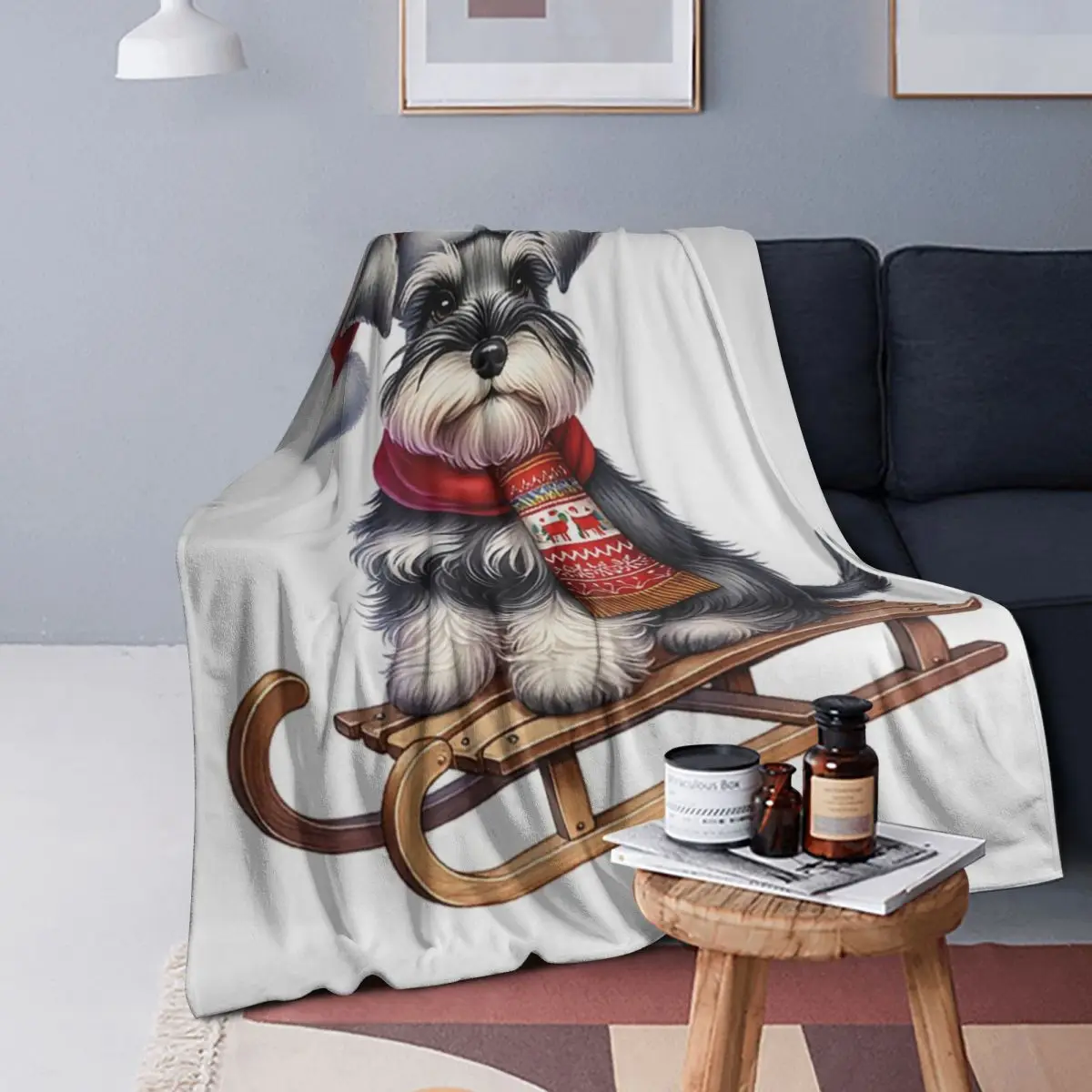 

Miniature Schnauzer Dog On A Sled Blanket Soft Warm Flannel Throw Blanket Bedding for Bed Living room Picnic Travel Home Sofa