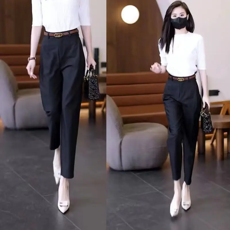 Office Lady Korean Fashion Women Suit Pants Spring Autumn Solid Slim Pencil Streetwear Casual High Waist Harem Cropped Trousers