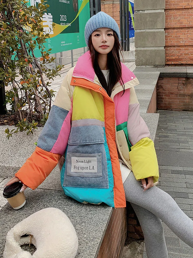 Damen mehrfarbige Enten Daunen jacke, große Taschen Daunen jacke koreanische Mode warm pendeln vielseitigen Mantel Herbst und Winter neu