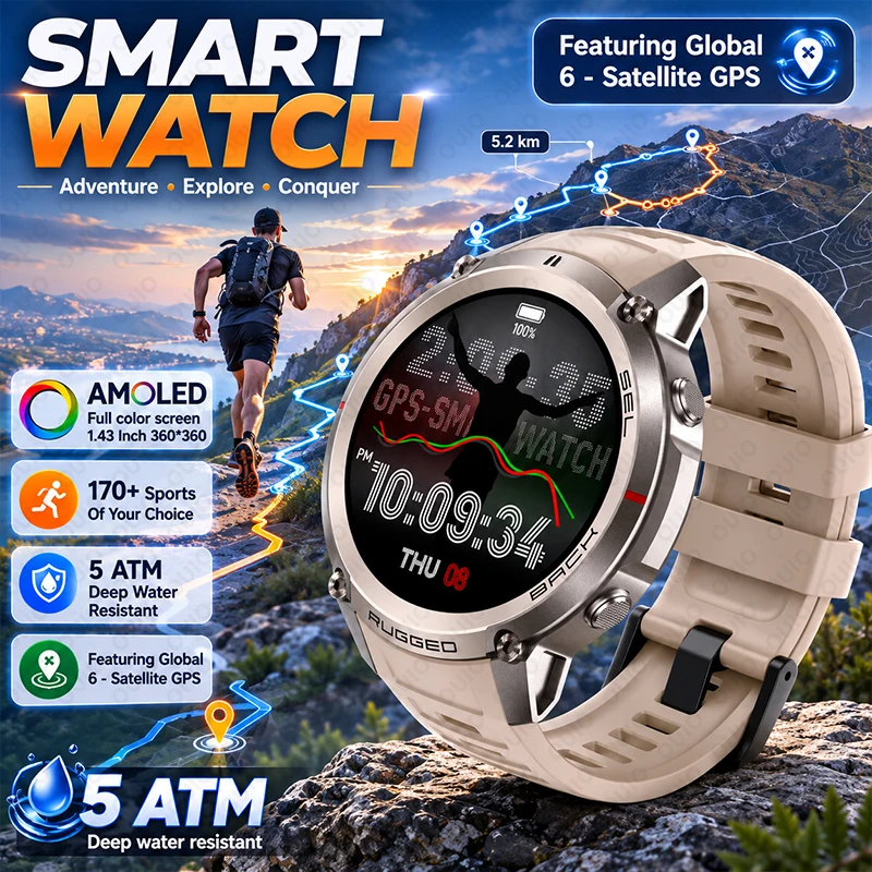 New Outdoor Sports Offline Map Global Six-Star GPS Smart Watch 5ATM Waterproof Fitness Tracker Bluetooth Call Men Smart Watch