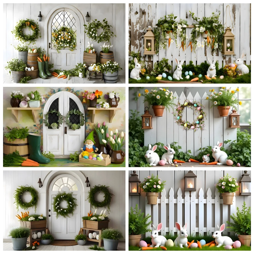 

Spring Easter Backdrop Photography Green Wreath Rabbit Egg Bunny Carrot Indoor Wooden Board Kids Portrait Photo Background Decor