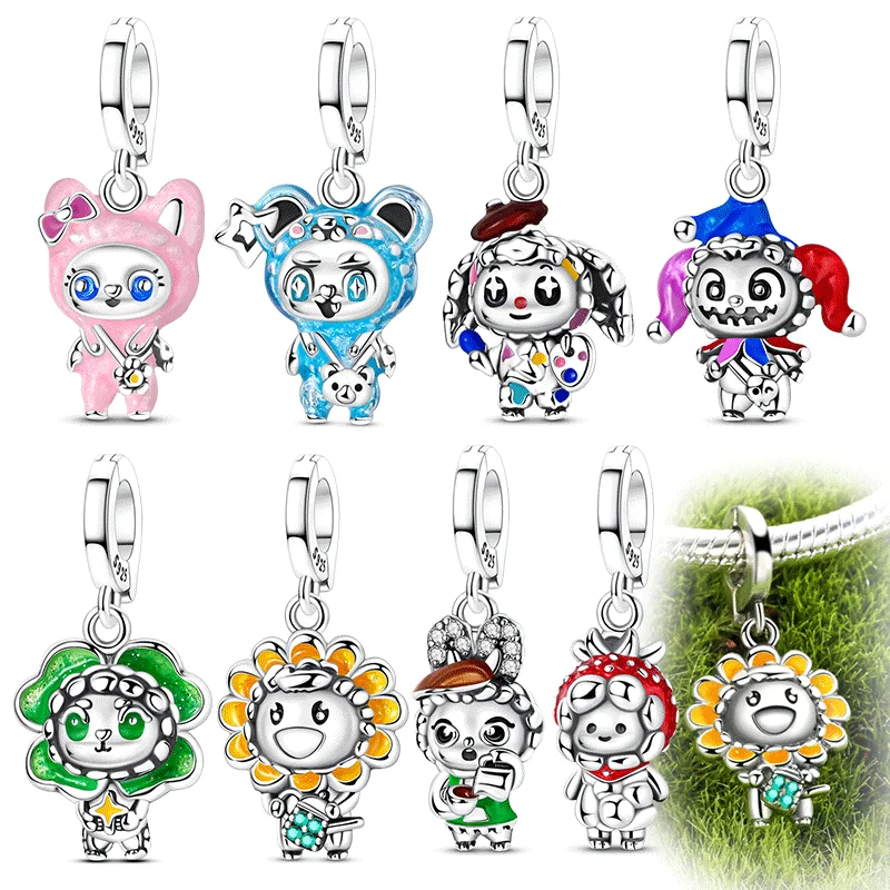 

925 Sterling Silver Cute Doll Series Charms Clover Beads Colorful Clown Sunflower Pendant Fit Original Bracelet Necklace Jewelry