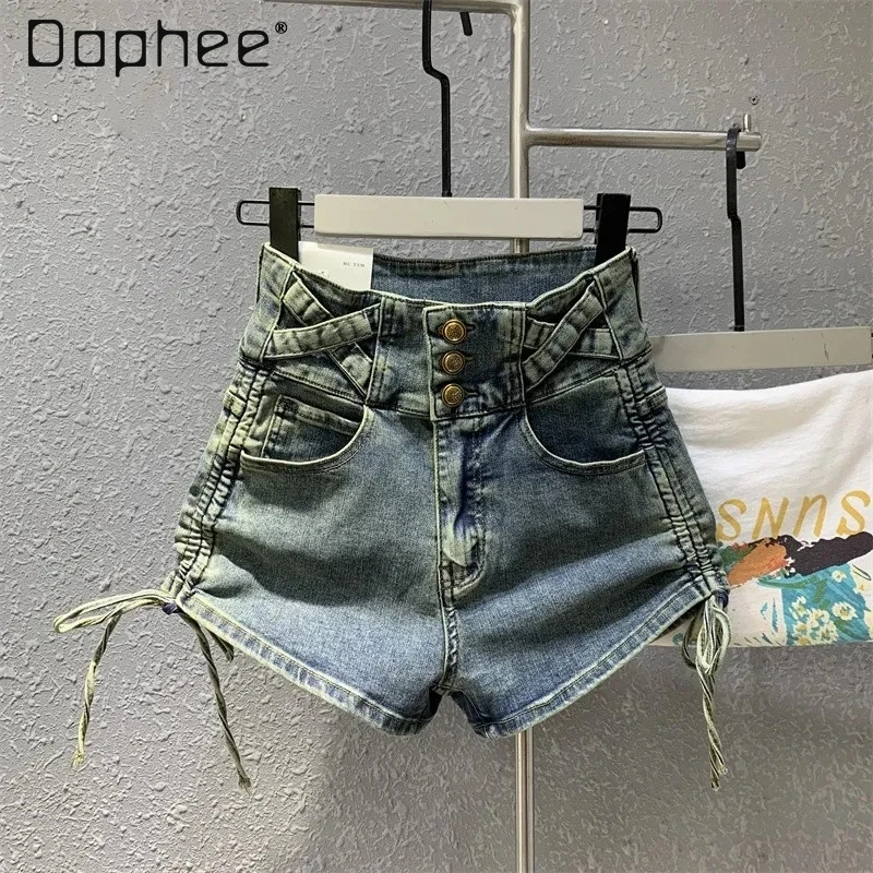 Drawstring Sexy Denim Shorts Women Y2k High Waist Wide Legs Hot Pants Slim Fit A Line Retro Blue Jeans Shorts Female Trend