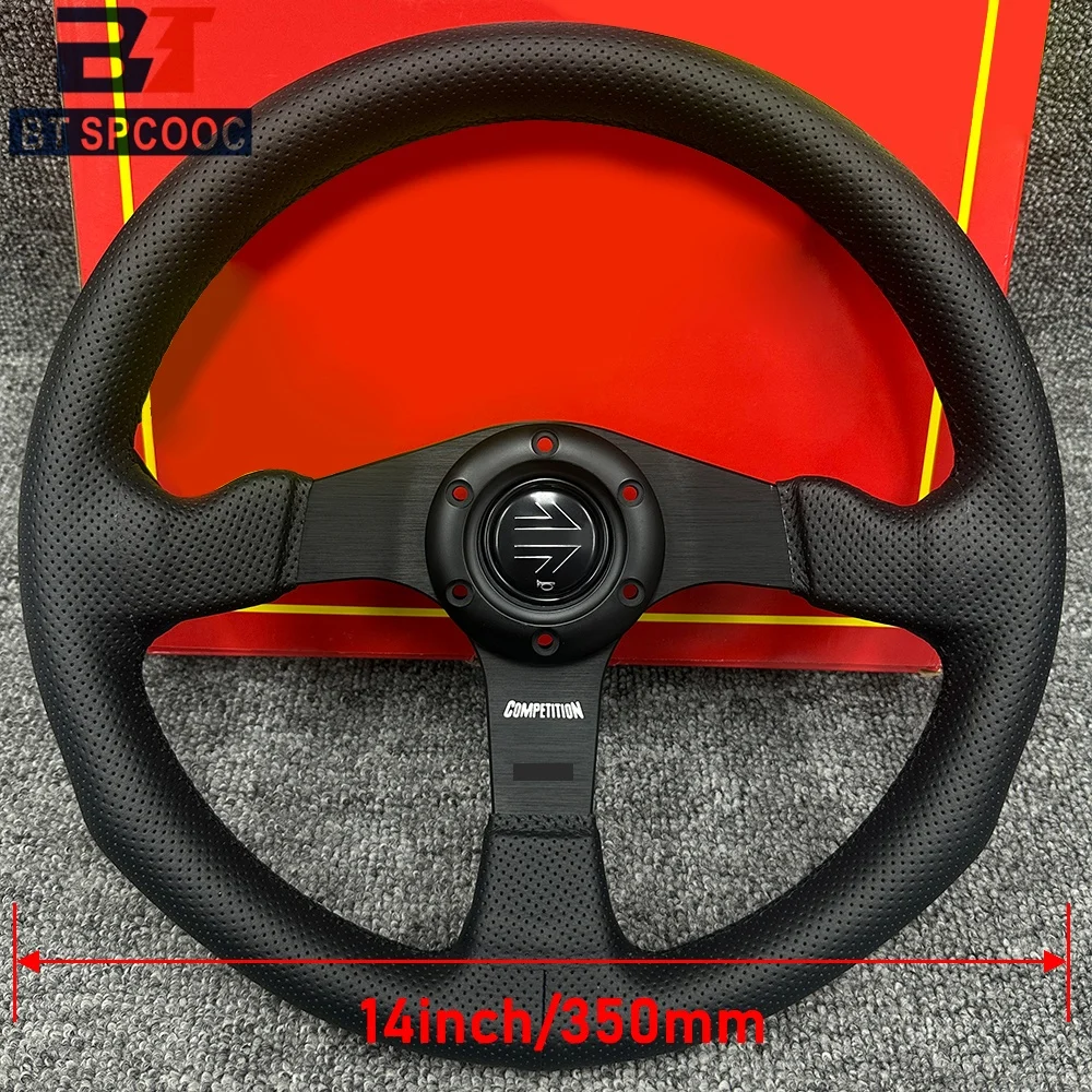 Blue Yellow Stitching Italy Style V1 Steering Wheel Real Leather 14inch 350mm Flat Italy Back Engraving Racing Street Sport