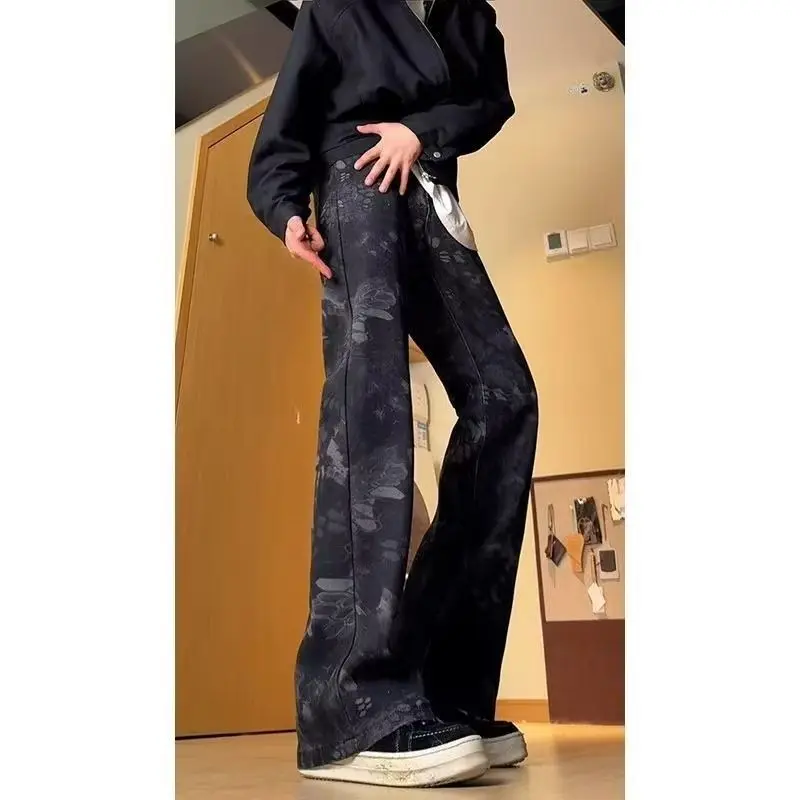 Black Snake Pattern Camouflage Jeans Men's Spring Ruffian Handsome Design Pants American High Street Straight Micro-pull Pants