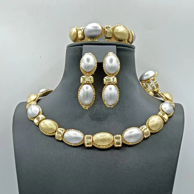 New Luxury 18K Gold Plated Jewelry Set for Women 4PCS Oval Beaded Necklace Earrings Bracelet Ring Bridal Wedding Party Jewelry
