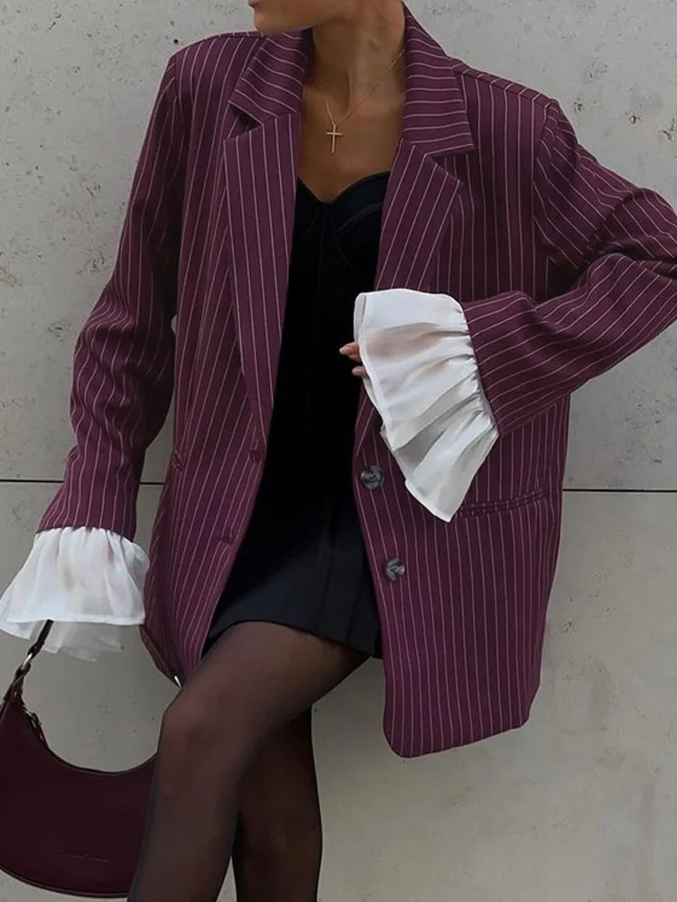 BKQU Ruffle Patchwork Striped Women's Blazer Fashion Loose Wine Red Long Sleeve Single Breasted Suit Jacket Elegant Streetwear