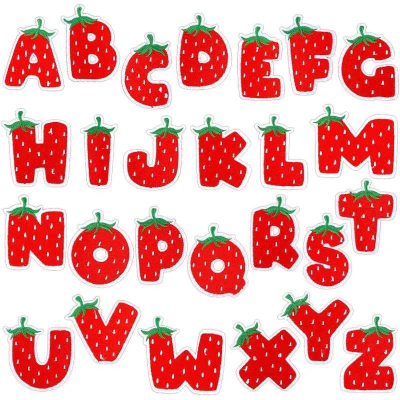 New Lots/set Of Cute Strawberry English Alphabet Embroidery Patch 26 Letters Iron On Patches For Bags Clothes DIY Decoration