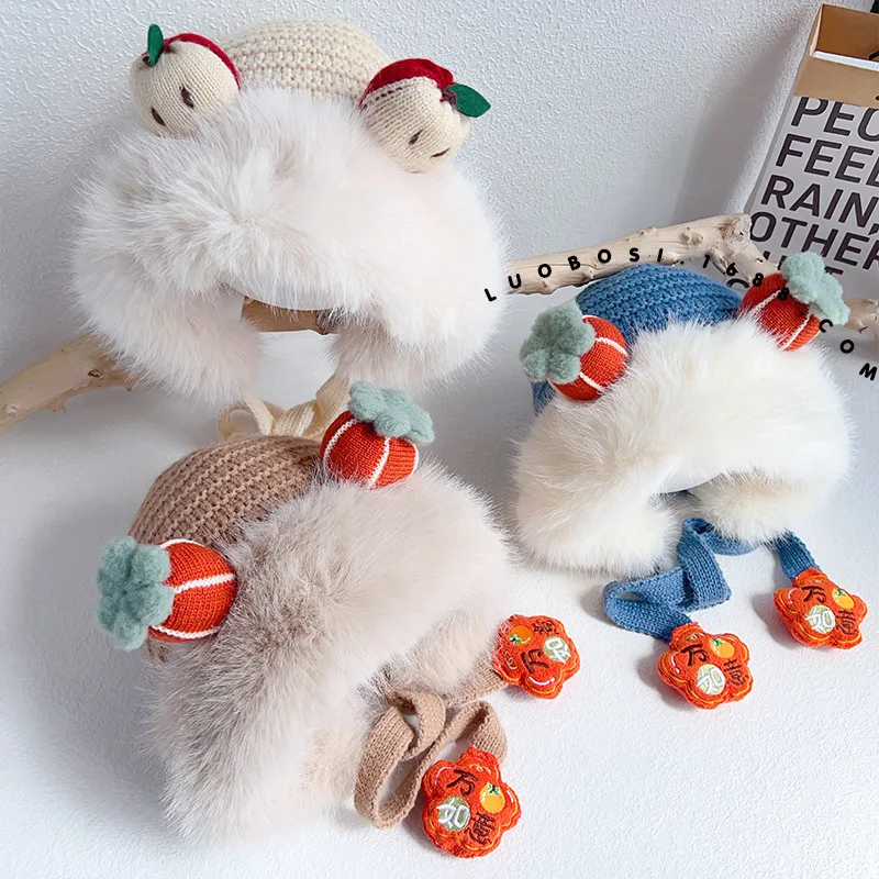 Chinese-style Plush Warm Cap for Children Cute Knitted Hats Outdoor Warm Earflap Beanie for Boys Girls New Year Gifts for Kids
