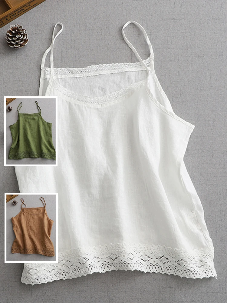 

Повседневный топ из хлопка и льна с кружевной отделкой, ажурный топ с небольшими бретелями, большие размеры, женская простая внутренняя одежда, универсальная летняя одежда для отдыха...