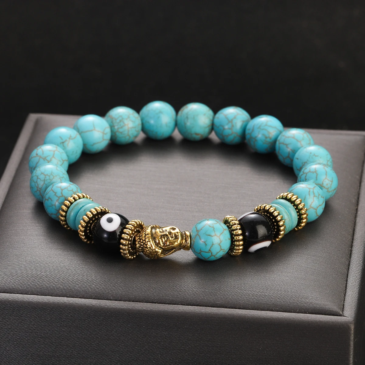 Classic Buddha&Evil Eye Bracelet Women Men 10mm Round Turquoises Blue Stone Bangles Handmade Elastic Yoga Bracelet