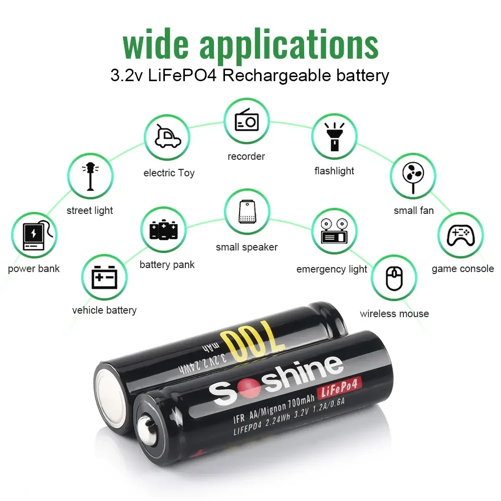 Soshine AA 14500 LiFePO4 Battery 3.2V 700mAh Rechargeable Battery 1000 Cycles Time for Wireless Mouse Electric Toy Flashlight