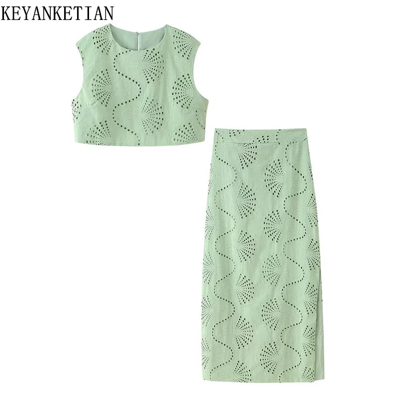 

KEYANKETIAN новый укороченный топ без рукавов во французском стиле с вышивкой и круглым вырезом на молнии с высокой талией и разрезом по бокам, женская юбка из двух предметов