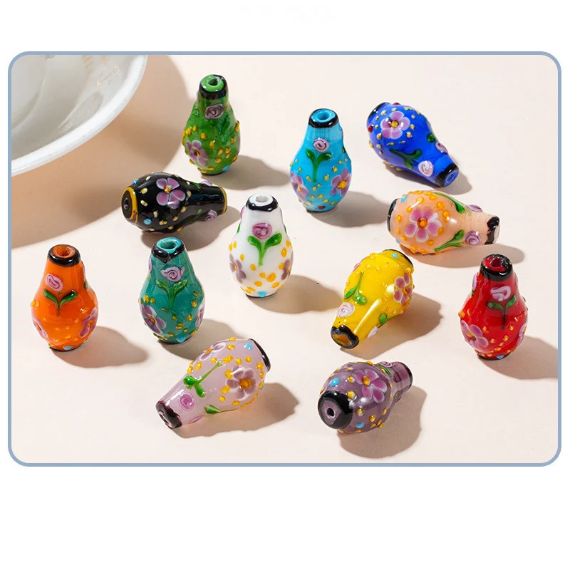 30x20MM Hand Drawn Color Flower Beads Vase Glass Loose Spacer Beads Handmade For DIY Jewelry Making Bracelet Necklace Accessory