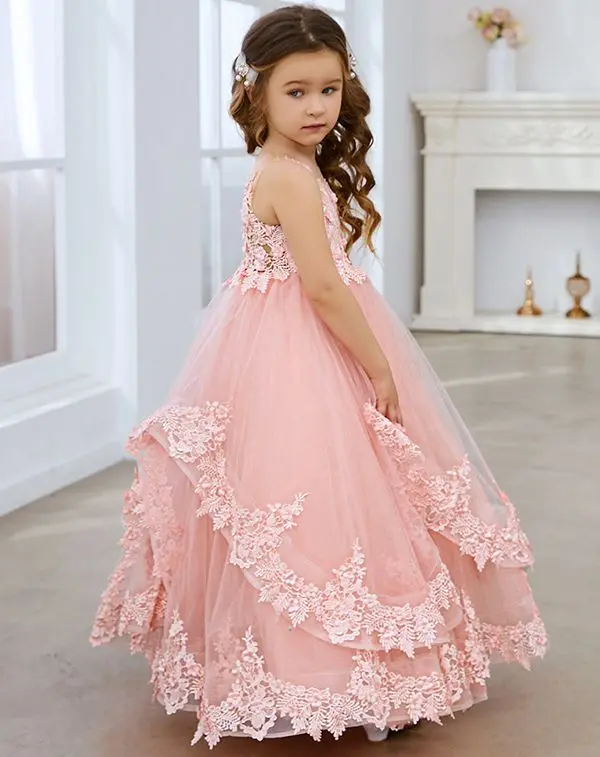 Pink Puffy Lace Applique Tulle Dress, Vestidos florais para casamento, Festa de aniversário, Vestidos de baile princesa, Vestido para crianças, 2024