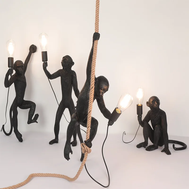 Vintage Resin Monkey Pendant Creative Chandelier Loft Villa Living Room Decor Hanging Lamp Animal Fixtures Three Monkey Design
