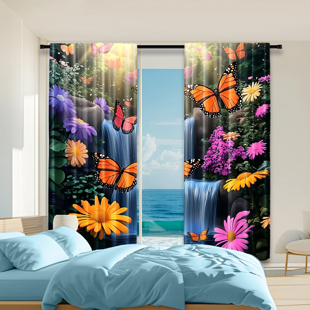 

2Pcs Colorful Butterfly Floral Waterfall Print Curtains Rod Hole Design For Easy Hanging Polyester Drapes For Bedroom And Living